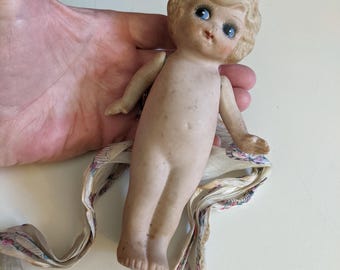 Vintage 1920s Flapper Era Little Strung Bisque Doll Made in Japan