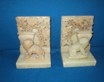 Vintage Chinese Export Carved Soapstone Bookends with Figural Lions as found