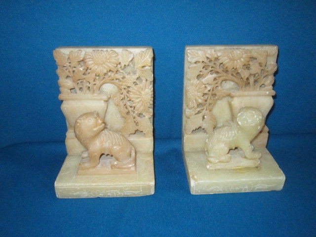 Vintage Chinese Soapstone Block Bookend or Sculpture Carving Flowers  Flowerpot