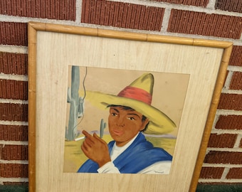 Vintage 1940s/50s Large Original Signed Mexican Watercolor Painting Portrait