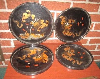 Antique Set of 4 Chinese Black Lacquerware Round Trays with Beautiful Gold Painted Dragon Designs
