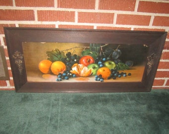 Antique Circa 1900 Framed Large Fruit Still Life Chromolithograph in Fabulous Arts & Crafts Oak Frame