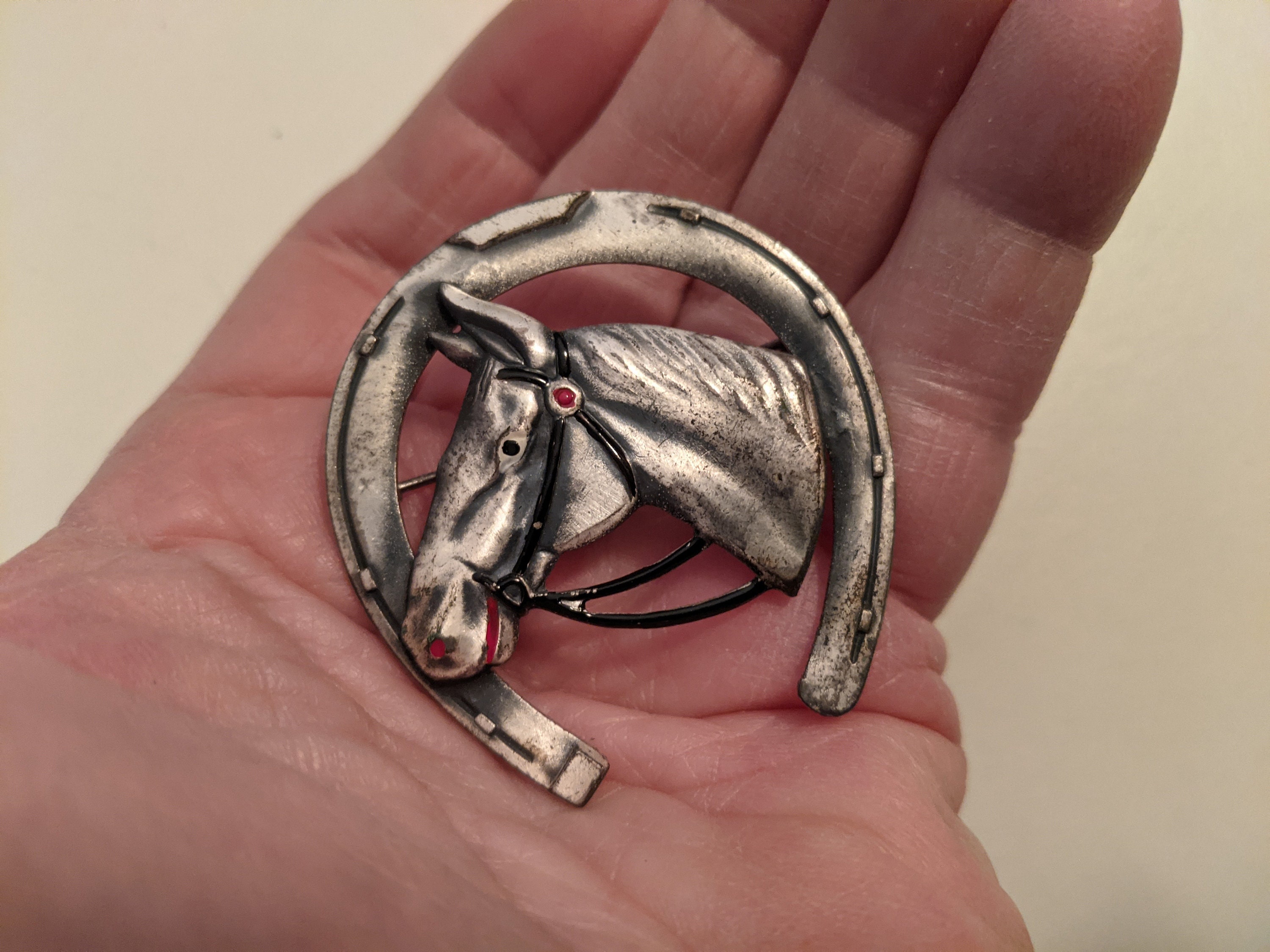 Broche Vintage En Argent Sterling 925 - Tête De Cheval Dans Un Fer à Cheval - Marque BEAU