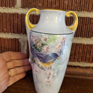 Vintage Czech Porcelain Two Handled Vase with Hand Painted Blue Bird Pink Floral Decoration