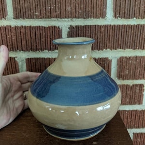 Vintage Modernist Studio Art Pottery Signed Beige and Blue Vase