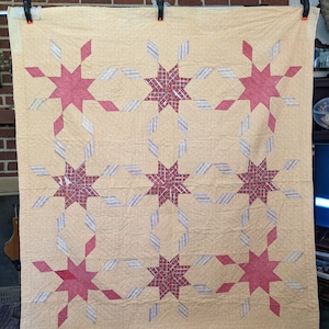 Vintage 1920s/30s Cotton Handsewn 60x68 Red and Yellow STAR Quilt as found
