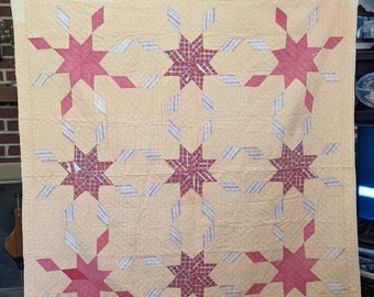 Vintage 1920s/30s Cotton Handsewn 60x68 Red and Yellow STAR Quilt as found