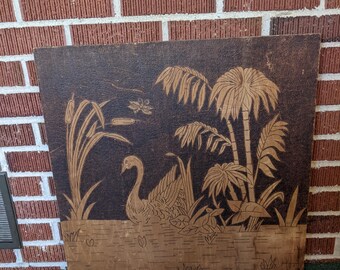 Vintage 22 1/2" Pyrography Wood Panel with Pond Swan Cattails Dragonfly  Design