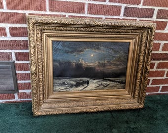 Antique 19c Framed 27x21 Oil Painting Landscape of Solitary Moonlight Stroll