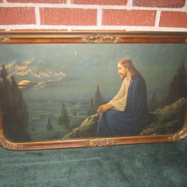 Vintage 1920s R.A. Fox Large Framed Religious Print of Jesus Praying at Gethsemane