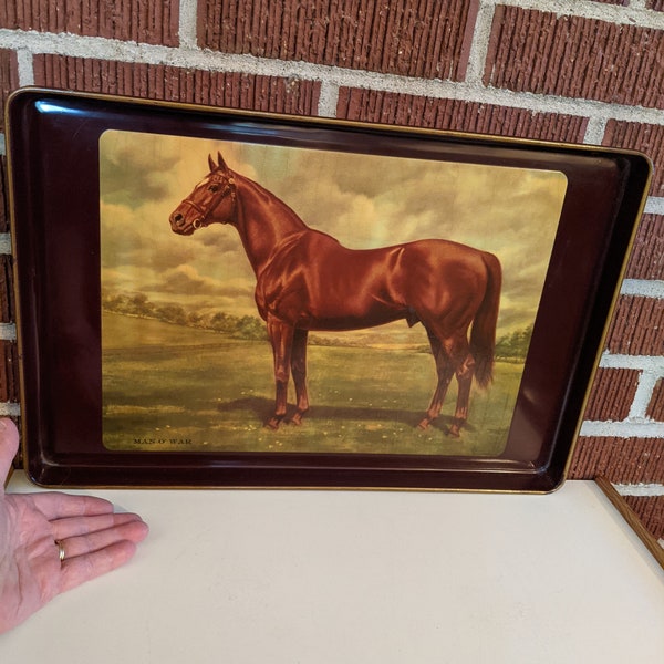 Vintage MAN-O-WAR famoso caballo de carreras pura sangre colgando bandeja de metal