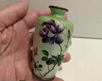 Antique Japanese Meiji Ginbari Silver Foil  Signed Vase with Rose Design