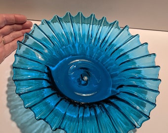 Vintage Mid Century Modern Blue Glass Ruffled Low Bowl