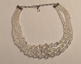 Vintage 1950s Clear Crystal Three Strand Beaded Necklace