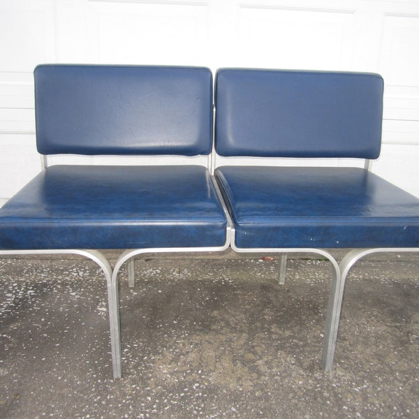 PICK UP ONLY Vintage Mid Century Modern 45" John Behringer for J.G. Furniture Aluminum Link Bench with Blue Vinyl Upholstery No.2