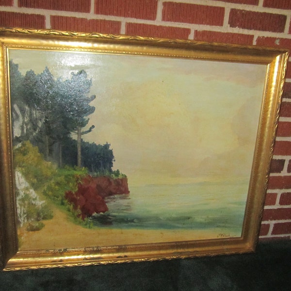 Vintage Original 35x28 Framed Wisconsin Lakeshore Landscape Oil Painting Signed Listed Artist John Matthew Black