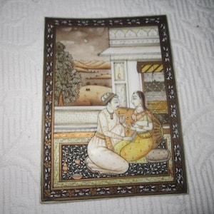 Exquisite 1983 Little Courtship Painting with Gold Accent from India