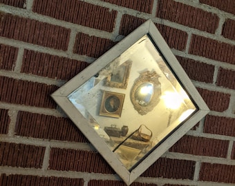 Antique Primitive White Painted Small Beveled Glass Hanging Wall Mirror