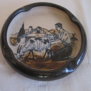 Vintage Art Pottery C Fischer Hand Painted Ashtray with Man and Goat Design