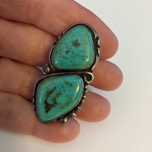 Vintage Navajo Silver and Turquoise Signed Size 8 Ring with Two Large Stones