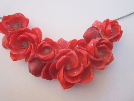 Vintage 1950s Handmade Red Seashell and Rhinestone