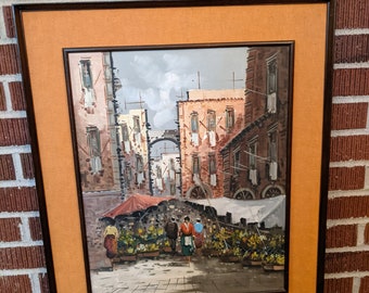 Vintage 1960s Mid Century Modern City Street Scene Framed Signed Oil Painting