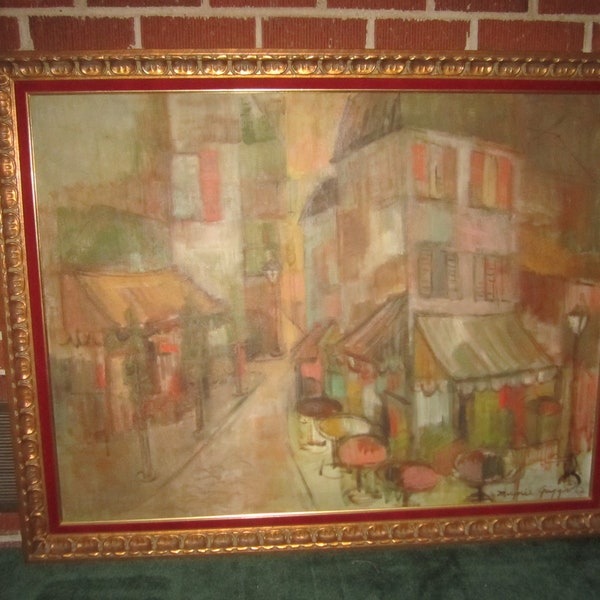 Vintage Mid Century Modern City Street Scene Signed Large 44x34 Framed Oil Painting Dated '62