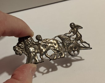 Vintage Sterling Silver Cherub Driven Lion Drawn Chariot Brooch Signed Coppini