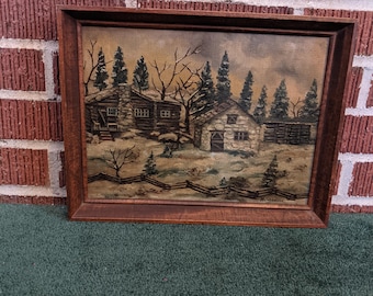 Antique Framed Dated 1903 Signed Oil Painting of Winter Cabin