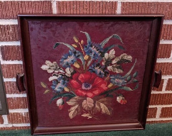 Antique Beaded Victorian Wool Floral Needlepoint Panel in Mahogany Tray Frame