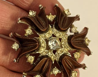 Vintage Mid Century Modernist Rhinestone and Thermoset Brown Floral Brooch