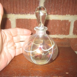 Vintage Blown Iridescent Glass Perfume Bottle with Hearts and Vines Design