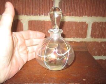 Vintage Blown Iridescent Glass Perfume Bottle with Hearts and Vines Design