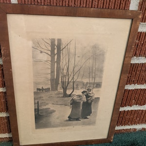 Antique Small Framed Print Titled &quot;By the River&quot; After Lerotte Painting Copyright 1901
