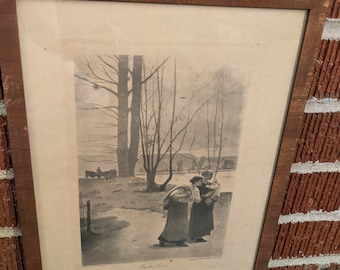 Antique Small Framed Print Titled "By the River" After Lerotte Painting Copyright 1901
