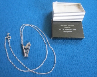 Vintage 1960s Sterling Silver NOS Necklace No.2 with Harp Charm Pendant New Old Stock