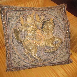 Vintage Gorgeous Textile Pillow of Mounted Warrior with Metallic Sequins and Trapunto Embroidery
