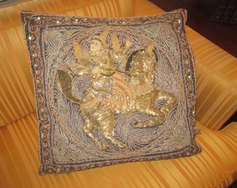 Vintage Gorgeous Textile Pillow of Mounted Warrior with Metallic Sequins and Trapunto Embroidery