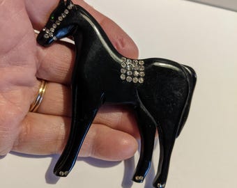 Vintage 1940s Large Figural Black Celluloid and Rhinestone Horse Brooch