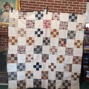 Antique 19c Cotton Nine Patch  Handsewn Crisp and Clean 68x68 Scrap Quilt Top