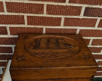 Antique 19c Carved Walnut Document Box with Sailing Ship, Stars Design and Name