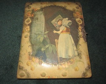 Antique Edwardian Celluloid Photograph Album with Little Girl Gazing into Mirror