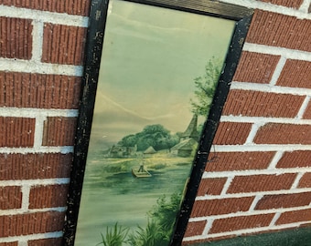 Antique 21x9 Framed Print of Boy Fishing in Boat