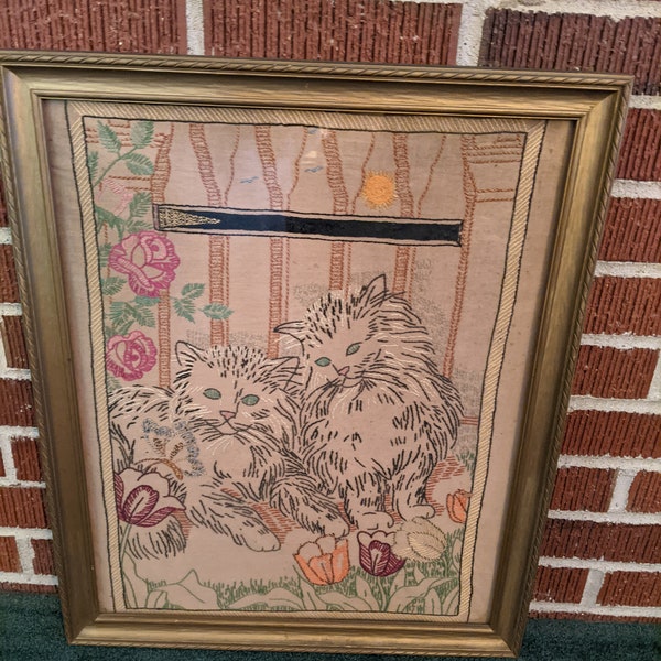 Vintage 1920s/30s Framed Embroidered Two Cats Needlework Textile