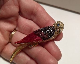 Vintage Goldtone Rhinestone and Red Enamel Parrot Bird Brooch Pin Marked Giorgio
