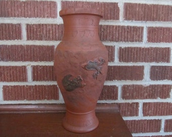 Antique Large 12" Japanese Meiji Period Pottery Tokoname Vase with Dragon and Cloud Motif