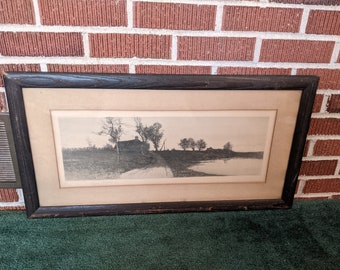 Antique 19c Dated 1890 Framed Cottage Lane Landscape Etching by Radtke Lockner N.Y.