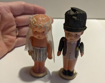 Vintage 1920s/30s Pair of Adorable Little Celluloid Strung Bride and Groom Dolls