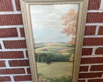 Vintage 1940s/50s Framed Scenic Landscape Print of Buggy Ride