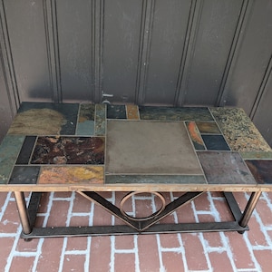PICKUP ONLY...Shipping NOT Free..Vintage Exceptional Brutalist Slate Stone Mosaic Coffee Table from Artist&#39;s Estate